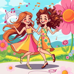 A lively and colorful illustration of two sisters dancing together with a cartoon effect