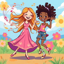 A lively and colorful illustration of two sisters dancing together with a cartoon effect