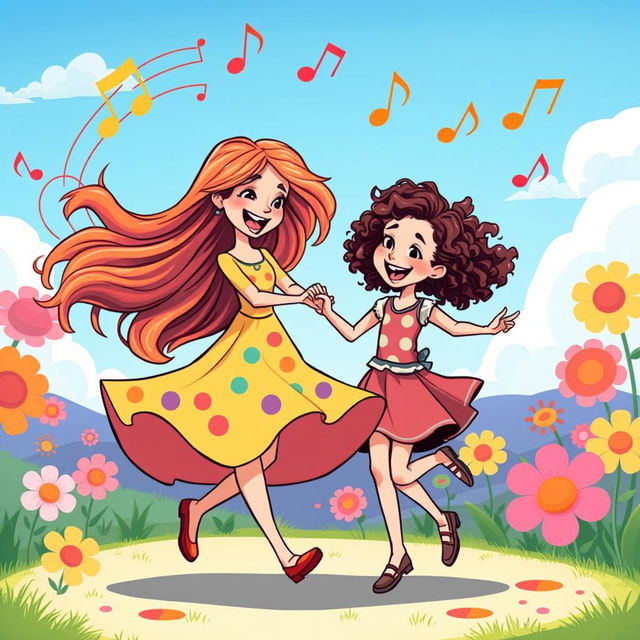 A lively and colorful illustration of two sisters dancing together with a cartoon effect