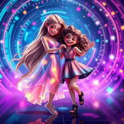 An imaginative and artistic portrayal of two sisters dancing together in a digital, AI-generated style