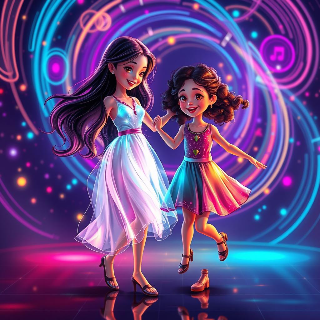 An imaginative and artistic portrayal of two sisters dancing together in a digital, AI-generated style