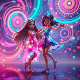 An imaginative and artistic portrayal of two sisters dancing together in a digital, AI-generated style