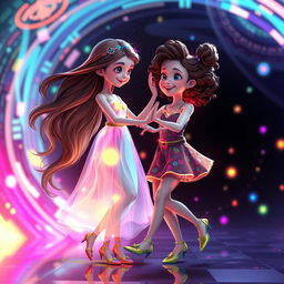 An imaginative and artistic portrayal of two sisters dancing together in a digital, AI-generated style