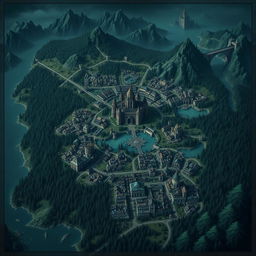 A large and highly detailed dark fantasy map of the Kingdom of Merina, depicting the capital city with a grand castle at its center, surrounded by a vast village filled with houses and bustling commerce