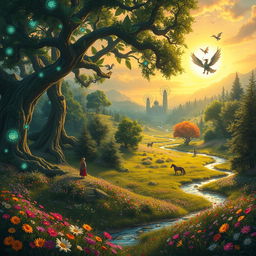 A fantastical Dungeons and Dragons setting showcasing a vibrant and lush nature landscape