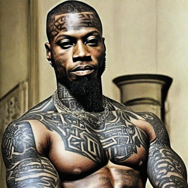 A distinguished black man with intricate tattoos, his name 'Santos 2-KINGs' prominently visible.