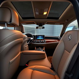 The interior of a Mercedes Benz GLE viewed from the side of the seats, showcasing the plush and comfortable seating arrangement