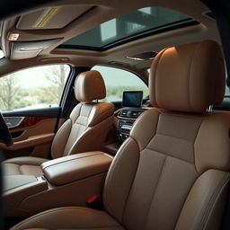 The interior of a Mercedes Benz GLE viewed from the side of the seats, showcasing the plush and comfortable seating arrangement