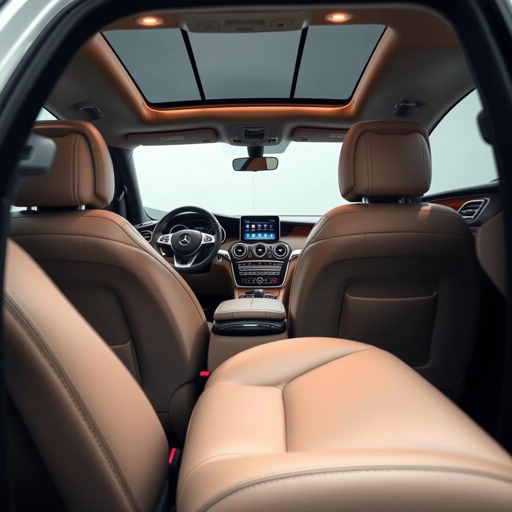 The interior of a Mercedes Benz GLE, highlighting the luxurious leather upholstery throughout the cabin