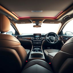 The interior of a Mercedes Benz GLE, highlighting the luxurious leather upholstery throughout the cabin