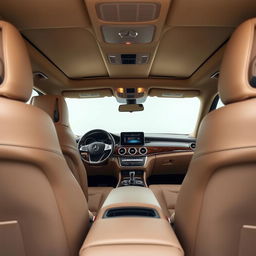 The interior of a Mercedes Benz GLE, highlighting the luxurious leather upholstery throughout the cabin