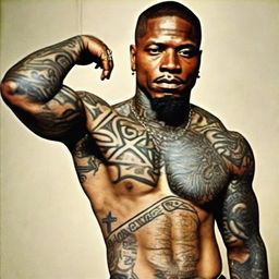 A distinguished black man with intricate tattoos, his name 'Santos 2-KINGs' prominently visible.