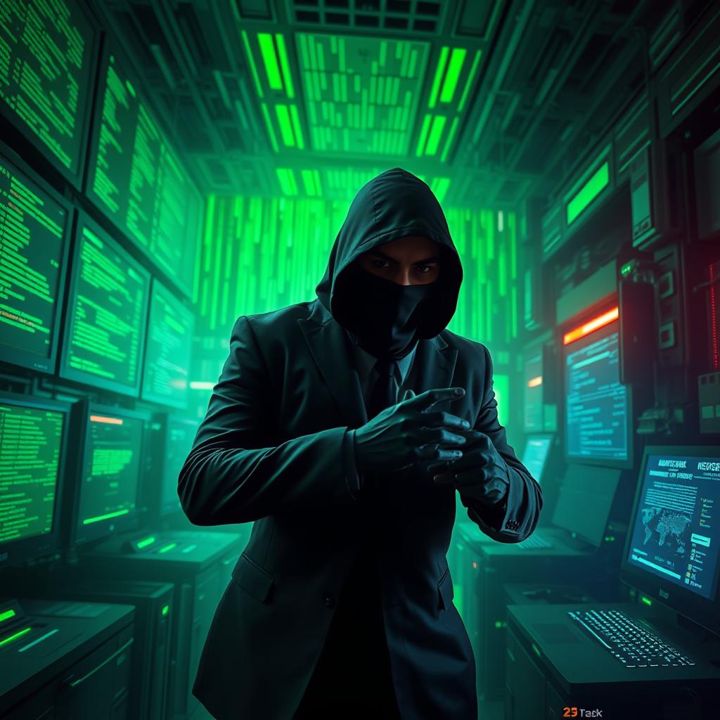 A mysterious figure resembling Abu Ubaidah, with a covered face, is engaged in a cyber attack within a high-tech environment