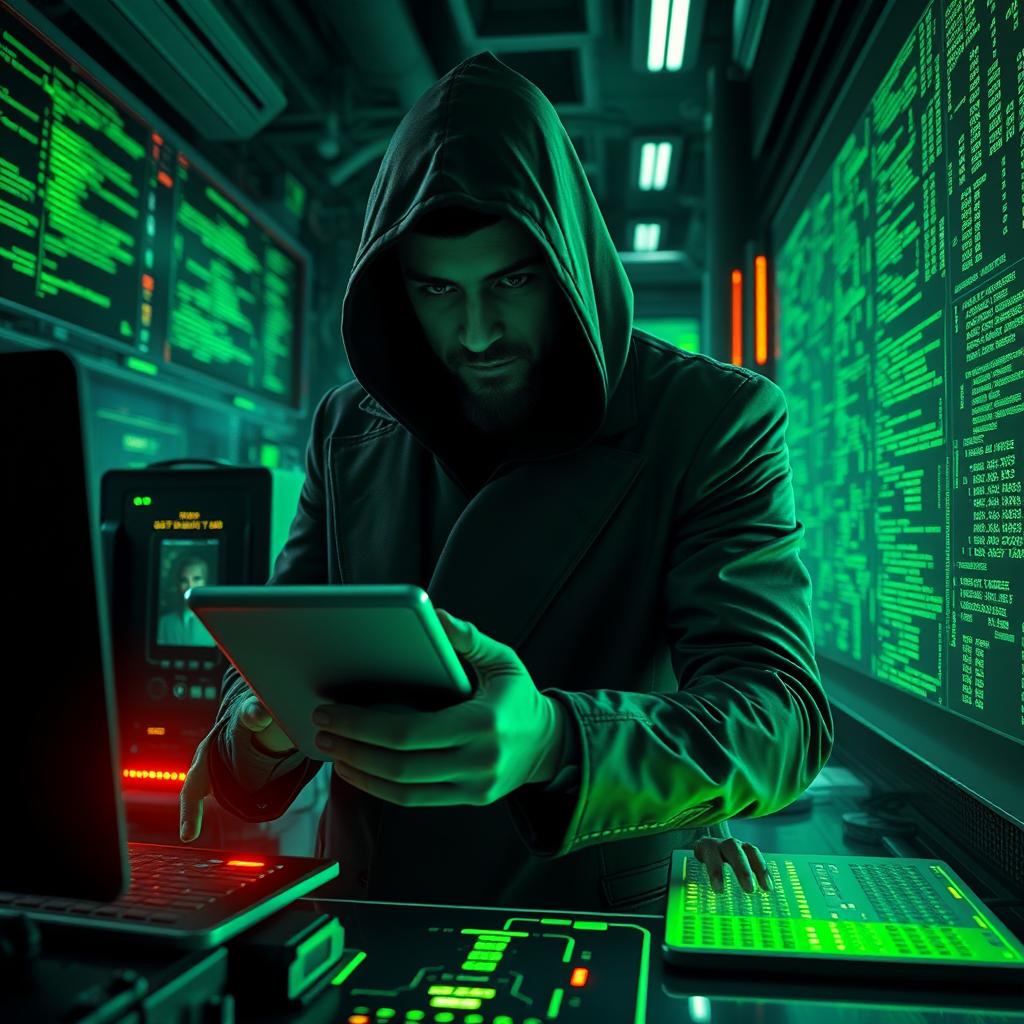 A mysterious figure resembling Abu Ubaidah, with a covered face, is engaged in a cyber attack within a high-tech environment