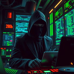 A mysterious figure resembling Abu Ubaidah, with a covered face, is engaged in a cyber attack within a high-tech environment