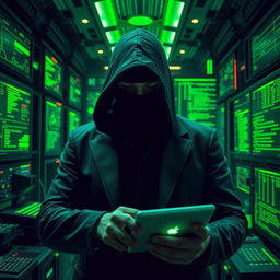 A mysterious figure resembling Abu Ubaidah, with a covered face, is engaged in a cyber attack within a high-tech environment