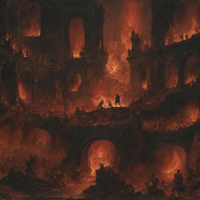 Depict Dante's Inferno with its vivid imagery of eternal damnation. Chaos, fire and dark figures fill the scene, framed by looming, infernal architecture, capturing the intense drama and horror of this epic poem's underworld.