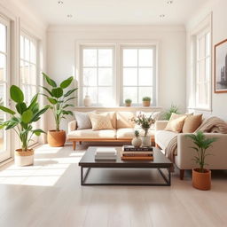 A bright and airy interior of a light living room featuring a soft, plush bench and a cozy sofa that invites relaxation