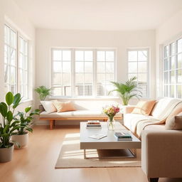 A bright and airy interior of a light living room featuring a soft, plush bench and a cozy sofa that invites relaxation