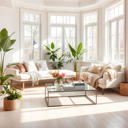 A bright and airy interior of a light living room featuring a soft, plush bench and a cozy sofa that invites relaxation