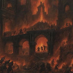 Depict Dante's Inferno with its vivid imagery of eternal damnation. Chaos, fire and dark figures fill the scene, framed by looming, infernal architecture, capturing the intense drama and horror of this epic poem's underworld.