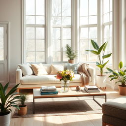 A bright and airy interior of a light living room featuring a soft, plush bench and a cozy sofa that invites relaxation