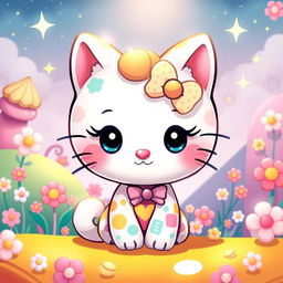 A whimsical and colorful illustration of a character inspired by Hello Kitty, featuring a cute cat with a small bow, in a vibrant Malvava style