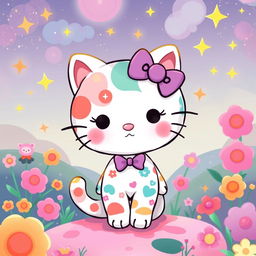 A whimsical and colorful illustration of a character inspired by Hello Kitty, featuring a cute cat with a small bow, in a vibrant Malvava style