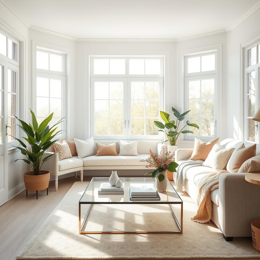 An enchanting interior of a light living room featuring a soft, plush bench and a comfortable sofa