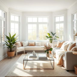 An enchanting interior of a light living room featuring a soft, plush bench and a comfortable sofa