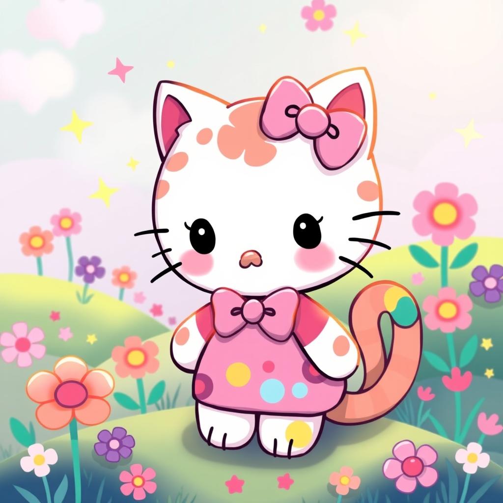 A whimsical and colorful illustration of a character inspired by Hello Kitty, featuring a cute cat with a small bow, in a vibrant Malvava style