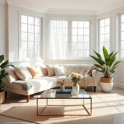 An enchanting interior of a light living room featuring a soft, plush bench and a comfortable sofa