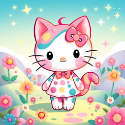 A whimsical and colorful illustration of a character inspired by Hello Kitty, featuring a cute cat with a small bow, in a vibrant Malvava style