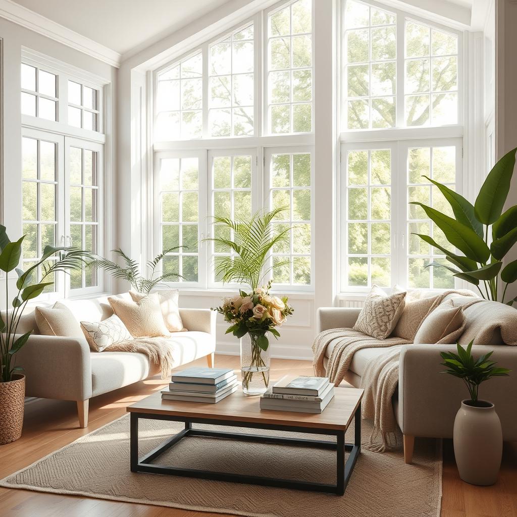 An enchanting interior of a light living room featuring a soft, plush bench and a comfortable sofa