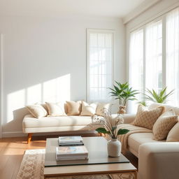 An enchanting interior of a light living room featuring a soft, plush bench and a comfortable sofa