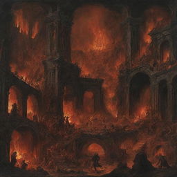 Depict Dante's Inferno with its vivid imagery of eternal damnation. Chaos, fire and dark figures fill the scene, framed by looming, infernal architecture, capturing the intense drama and horror of this epic poem's underworld.