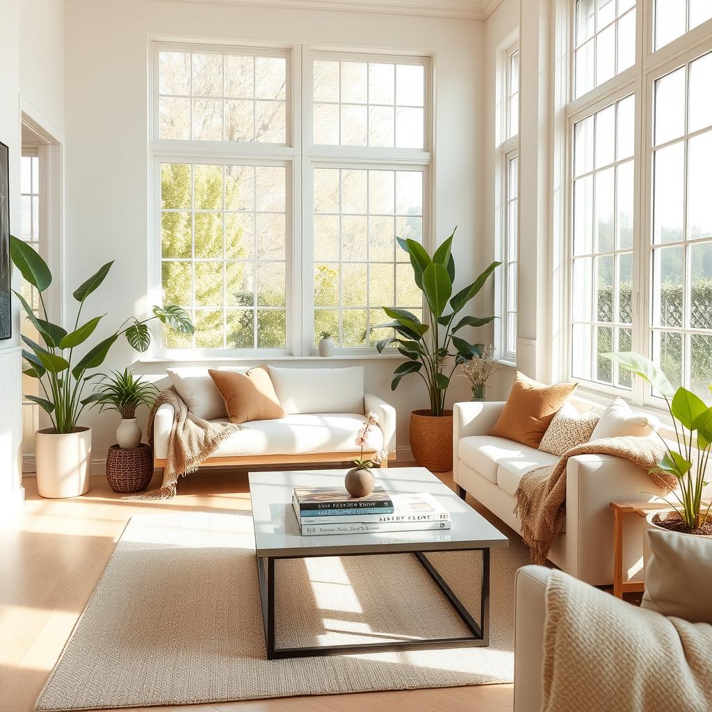 An inviting interior of a light-filled living room featuring a soft, plush bench and a comfortable sofa