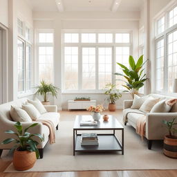 An inviting interior of a light-filled living room featuring a soft, plush bench and a comfortable sofa