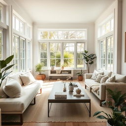 An inviting interior of a light-filled living room featuring a soft, plush bench and a comfortable sofa