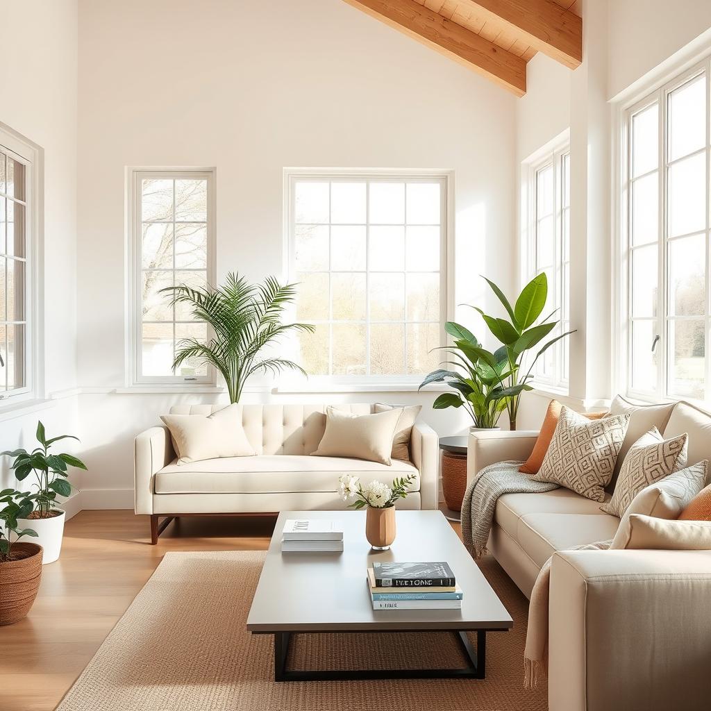 An inviting interior of a light-filled living room featuring a soft, plush bench and a comfortable sofa