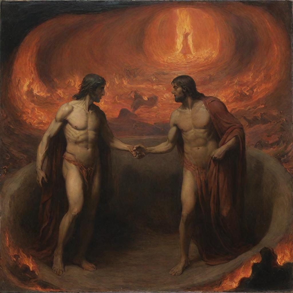 Depict Dante and Virgil in the Inferno, as they navigate through the circles of Hell. Surrounded by fiery landscapes and tormented souls, their faces reflect a mix of fear, determination and awe at the terrifying sights before them.