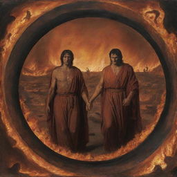 Depict Dante and Virgil in the Inferno, as they navigate through the circles of Hell. Surrounded by fiery landscapes and tormented souls, their faces reflect a mix of fear, determination and awe at the terrifying sights before them.