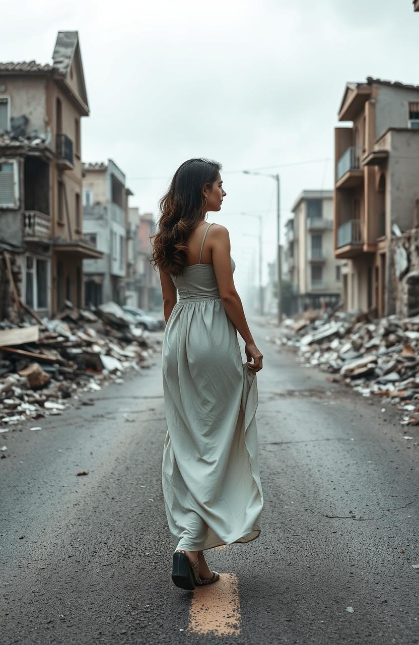 A woman is standing in the middle of a road, only her back is visible as she turns her face to the side, revealing her profile