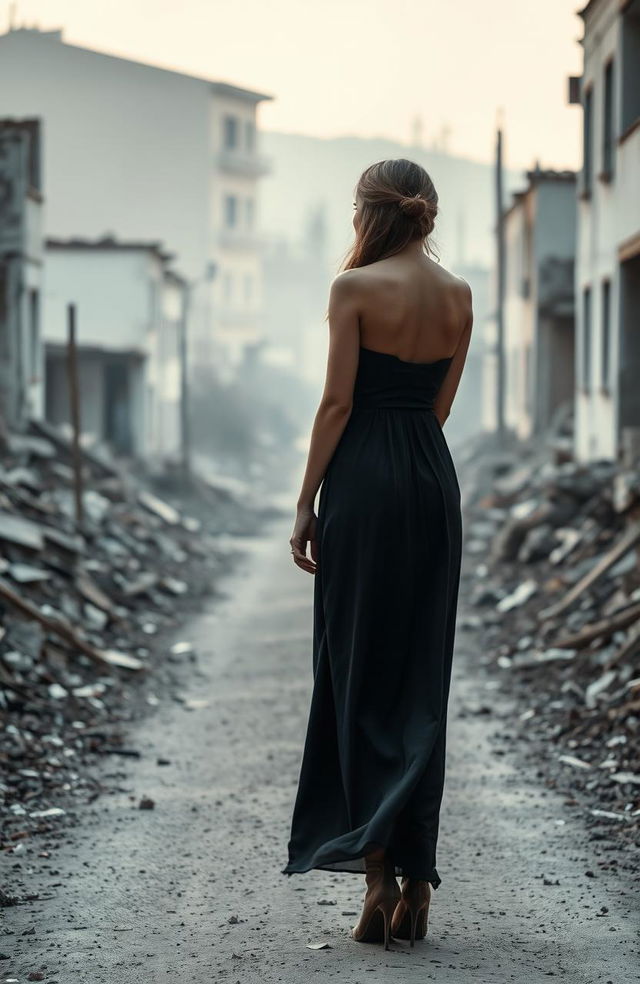 A woman is standing in the middle of a road, only her back is visible as she turns her face to the side, revealing her profile