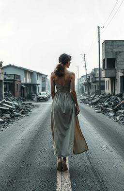 A woman is standing in the middle of a road, only her back is visible as she turns her face to the side, revealing her profile