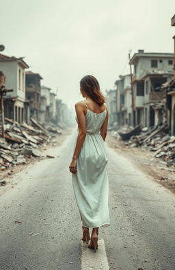 A woman is standing in the middle of a road, only her back is visible as she turns her face to the side, revealing her profile