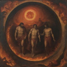 Depict Dante and Virgil in the Inferno, as they navigate through the circles of Hell. Surrounded by fiery landscapes and tormented souls, their faces reflect a mix of fear, determination and awe at the terrifying sights before them.