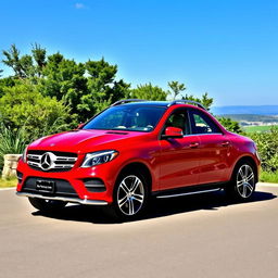 A striking Mercedes GLE in a vibrant red color, parked elegantly against a scenic backdrop