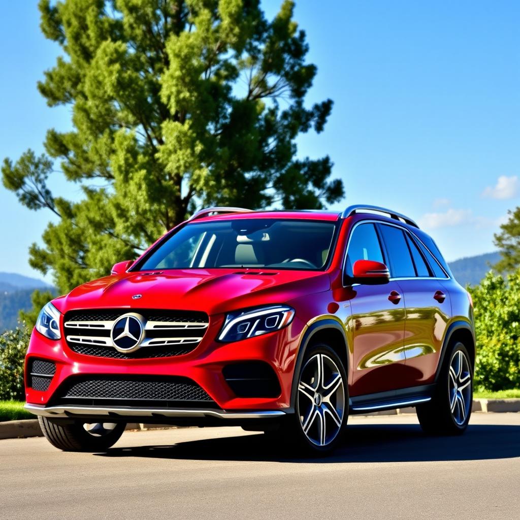 A striking Mercedes GLE in a vibrant red color, parked elegantly against a scenic backdrop