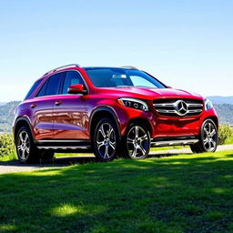 A striking Mercedes GLE in a vibrant red color, parked elegantly against a scenic backdrop